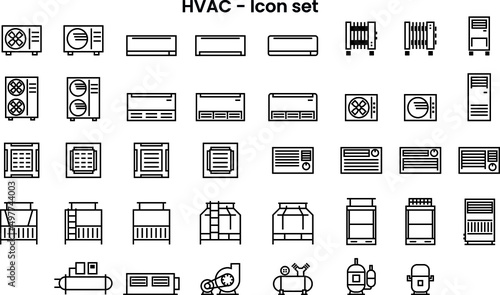 Flat icon set of HVAC unit or air conditioner products with various types in minimal simply style