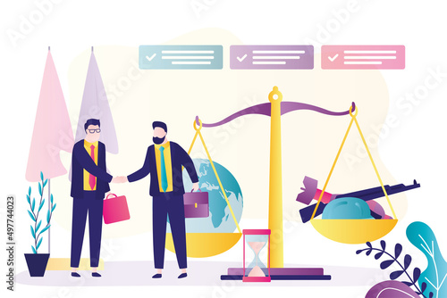 Diplomats shake hands in agreement. Diplomatic meeting between warring countries