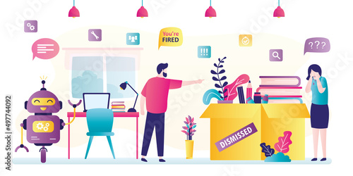 Dismissed female worker crying. Woman manager in office was replaced by artificial intelligence. Boss fired employee. Business computerization. Robot starts working at workplace.