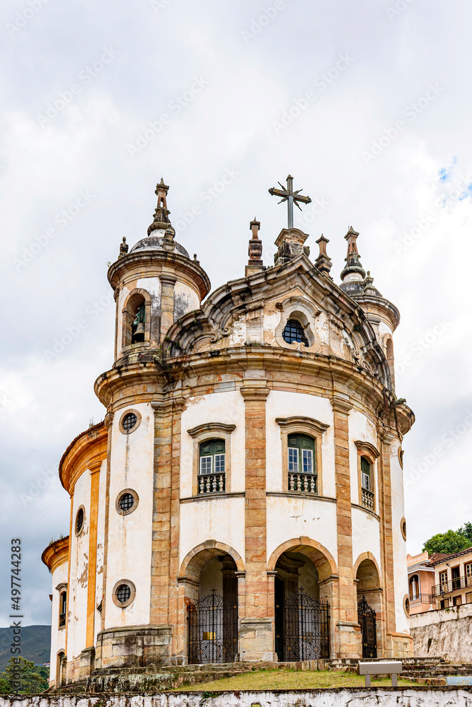 Facade of famous historic baroque church in Ouro Preto city in Minas Gerais, Brazil