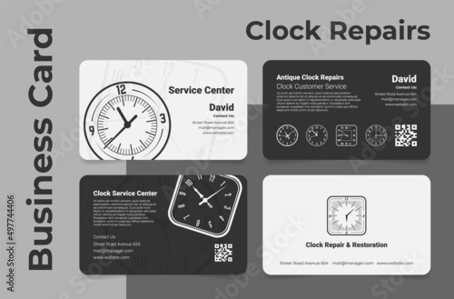 Collection monochrome antique clock repair service center business card vector illustration