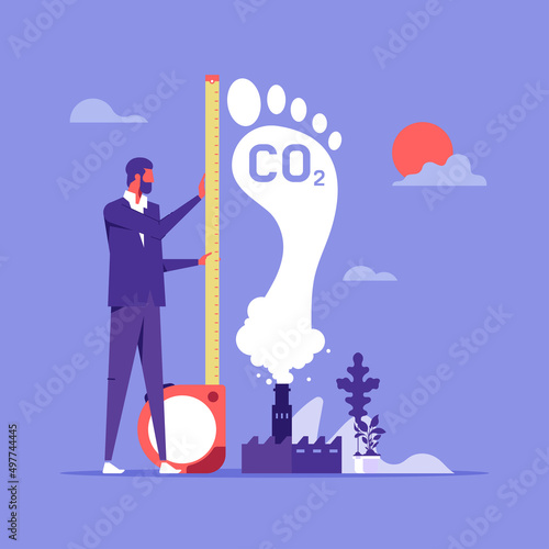 Man measure huge foot, carbon footprint pollution, co2 emission environmental impact concept, dangerous dioxide effect on planet ecosystem, vector illustration