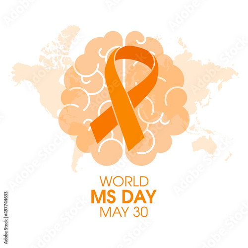 World Multiple Sclerosis Day vector. Orange awareness ribbon and human brain silhouette icon vector isolated on a white background. World MS Day Poster, May 30. Important day