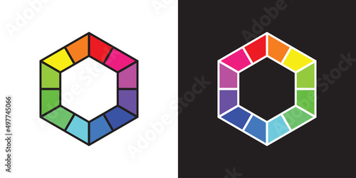 Color theory illustration, hexagon with 12 rainbow colors