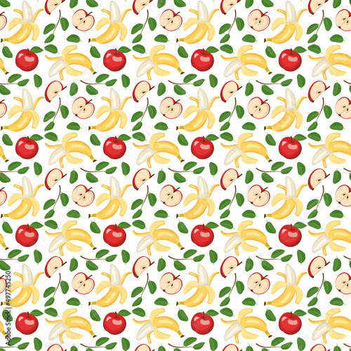 Seamless pattern with yellow banana and red apple. Print from whole healthy fruits. Background from sweet food for diet. Vector flat illustration