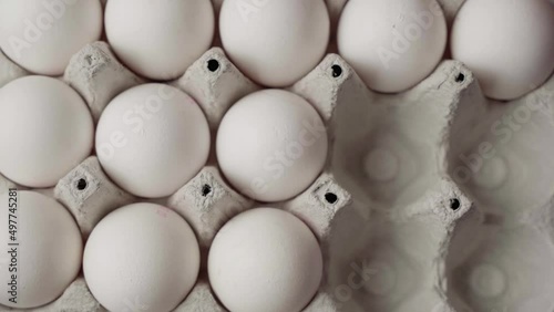 A hand in a blue glove lays chicken eggs in a cardboard tray, top view
