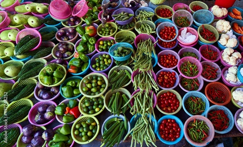 Canvas Print Baskets of fresh vegetables at an asian street market in Kuala Lumpur Malaysia