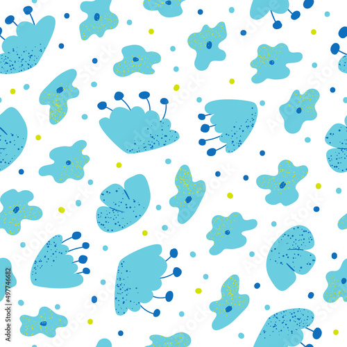 Seamless pattern with abstract organic shapes and blue textured flowers. Vector spring background