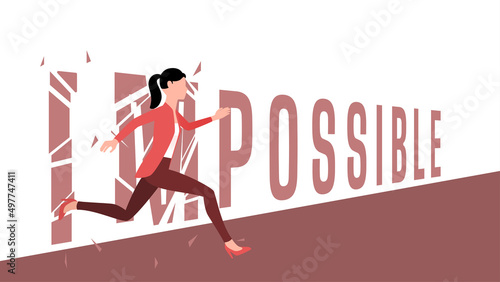 woman breaking the word Impossible. motivational character illustration  startup business character vector illustration.