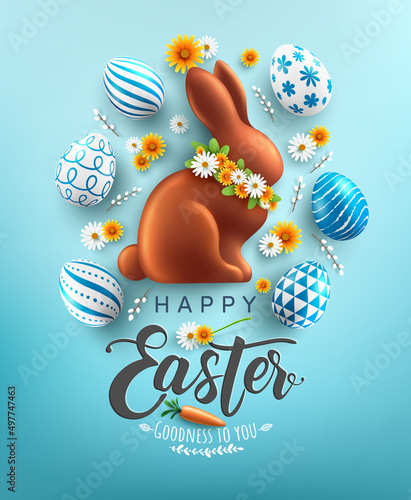 Easter poster and banner template with Easter eggs and cute bunny.Greetings and presents for Easter Day in flat lay styling.Promotion and shopping template for Easter