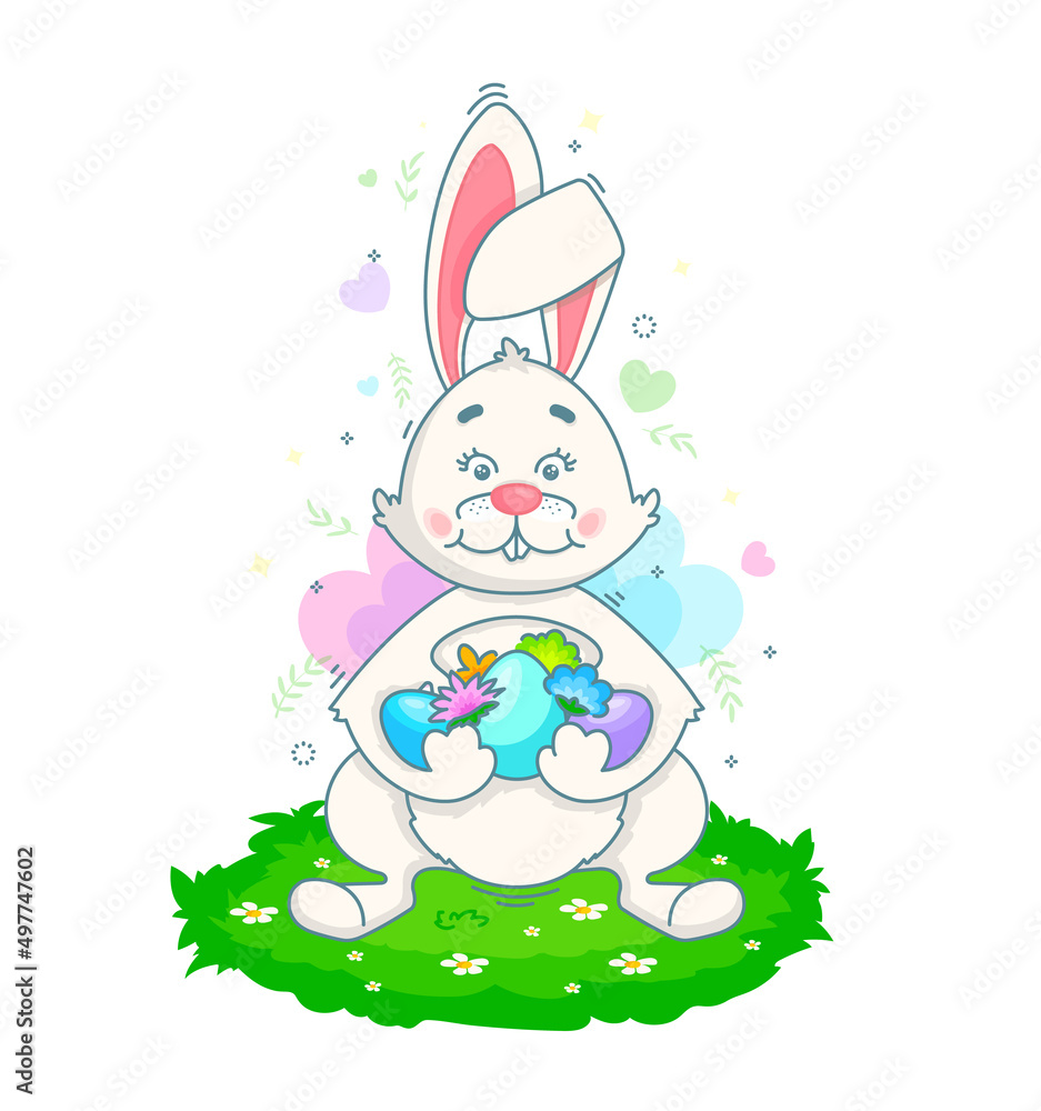 Obraz premium A white rabbit sits on a lawn and holds colored Easter eggs in its paws. Vector linear illustration. Character for the traditional Easter holiday.