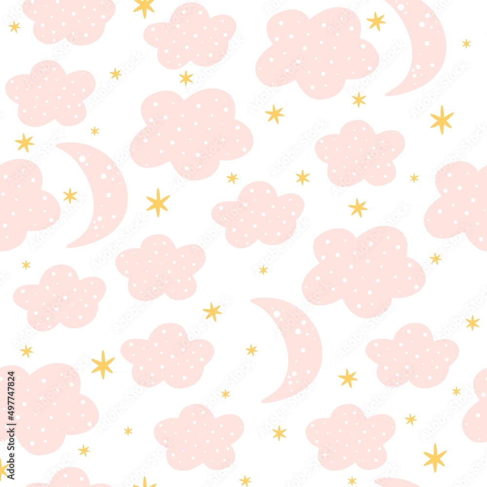 Seamless pattern moon, cloud and star, gender neutral. Whimsical minimal earthy 2 tone color. Kids naive wallpaper or boho cartoon fashion all over print.