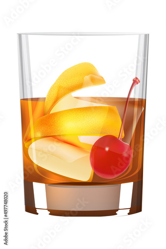 Vector format illustration of Classic Old Fashioned cocktail poured in a shot glass, isolated in white background 