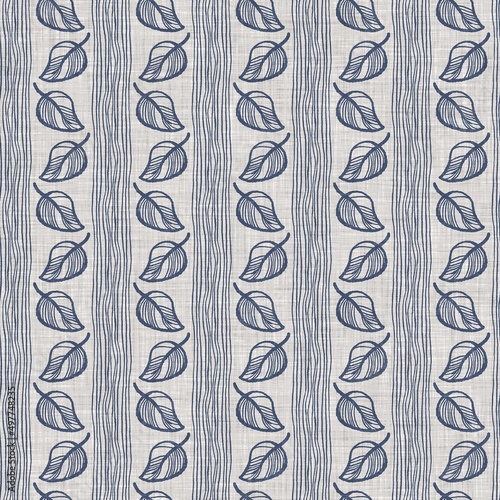 French blue botanical leaf linen seamless pattern with 2 tone country cottage style motif. Simple vintage rustic fabric textile effect. Primitive modern shabby chic kitchen cloth design.