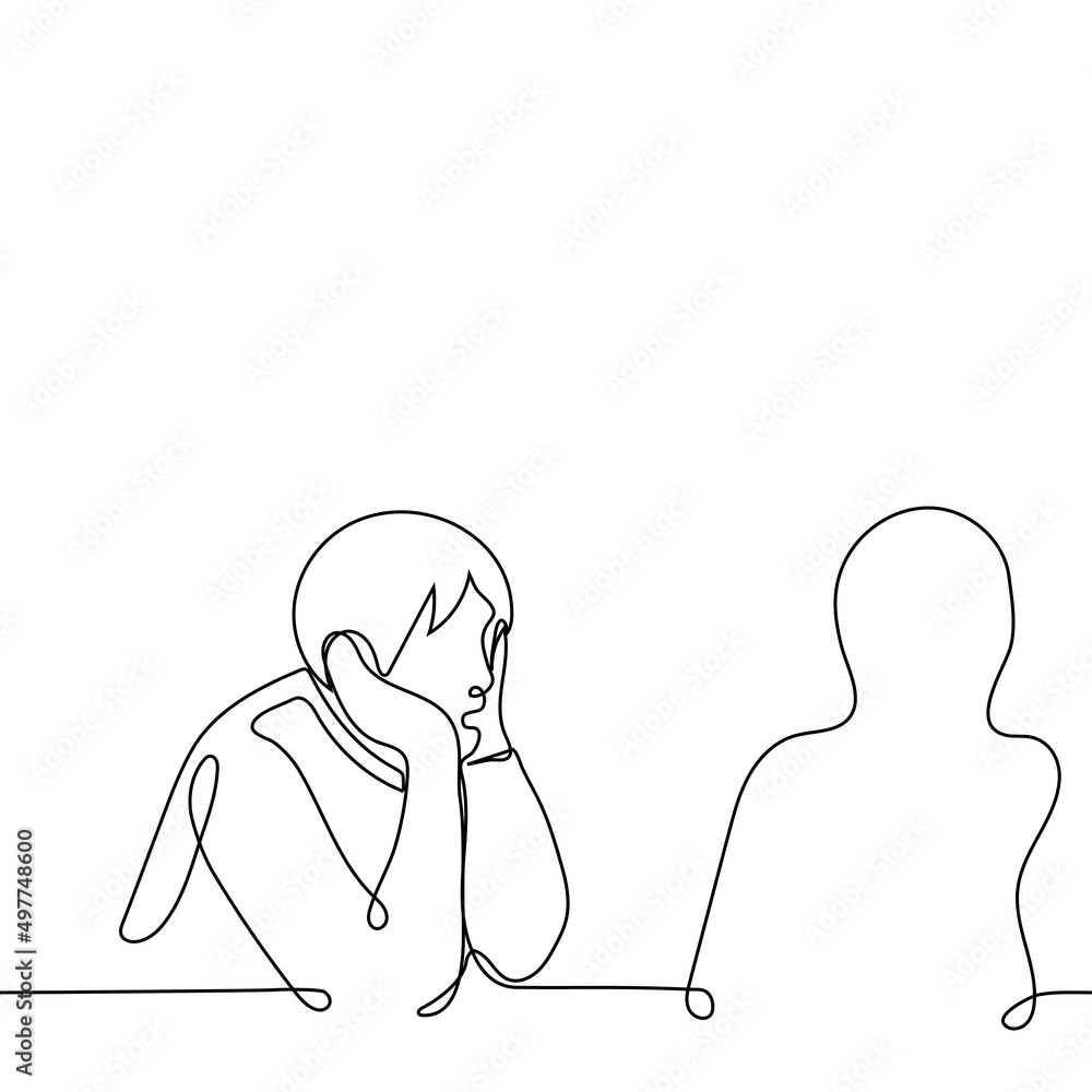 man looks with admiration at another person - one line drawing vector. concept of listening to an authority, being in love, following leader, or watching an influencer man looks with admiration at another person - one line drawing vector. concept of listening to an authority, being in love, following leader, or watching an influencer