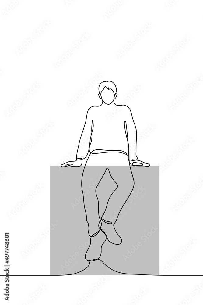 man sitting legs hanging down one line drawing vector. concept of man