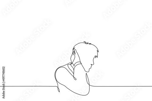 man is embarrassed and scratching the back of his head - one line drawing vector. concept of confusion, embarrassment, doubt and indecision