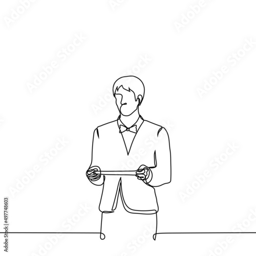 man in suit and bow tie holds empty tray in front of him with both hands - one line drawing vector. concept of a waiter, a man brought a letter or a check on a tray
