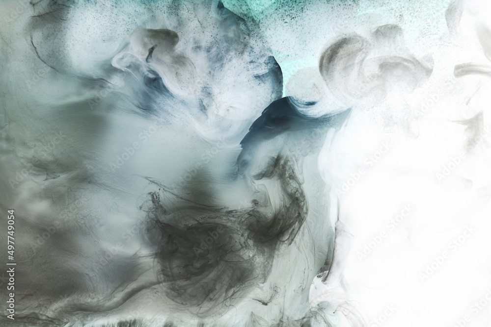 Dark smoke on white ink background, colorful fog, abstract swirling ocean sea, acrylic paint pigment underwater