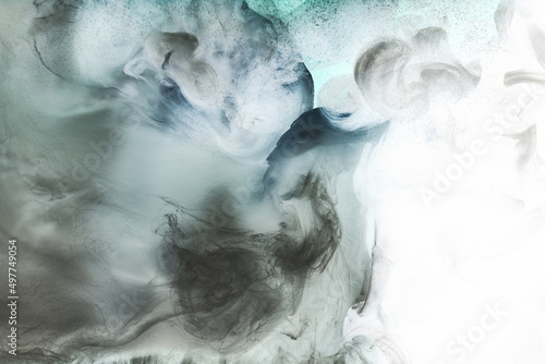 Dark smoke on white ink background  colorful fog  abstract swirling ocean sea  acrylic paint pigment underwater