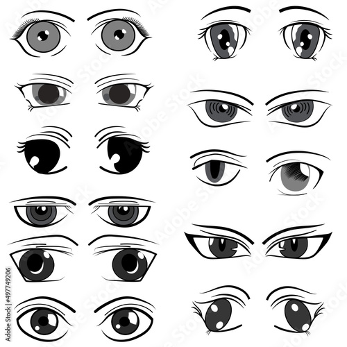 Colorful boho eyes collection isolated on white, modern design, Cartoon woman eyes and eyebrows with lashes. Isolated vector illustration. Can be used for T-shirt print, poster and cards. photo