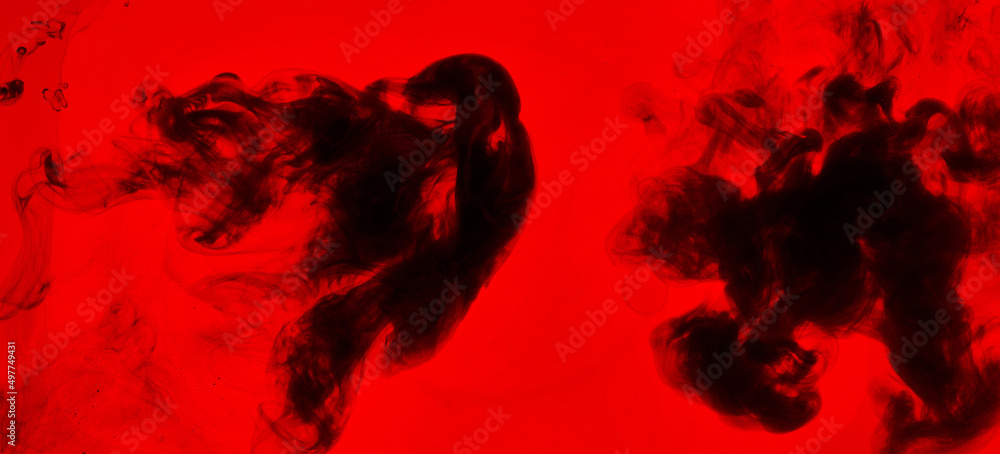 Black and red ink background, colorful fog, abstract swirling ocean, acrylic paint pigment underwater, dark smoke