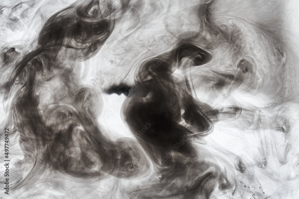 Dark smoke on white ink background, colorful fog, abstract swirling ocean sea, acrylic paint pigment underwater Dark smoke on white ink background, colorful fog, abstract swirling ocean sea, acrylic paint pigment underwater