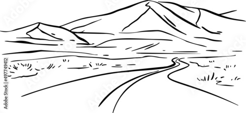road, mountains, hand draw vector illustration art