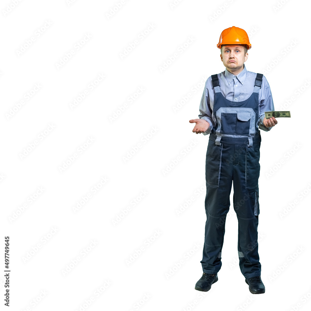 the worker does not know why he made so little money. isolated. the man shrugs and spreads his hands with one dollar, as a sign of disappointment the worker does not know why he made so little money. isolated. the man shrugs and spreads his hands with one dollar, as a sign of disappointment