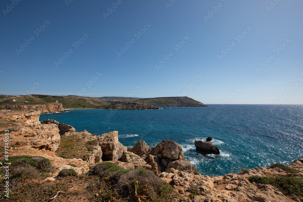 Rocky coastline of Malta landscape with sea view