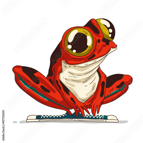 Red Exotic Frog, isolated vector illustration. Cute tropic froglet. Calm sitting poisonous frog wearing sneakers. A toxic froglet sitting on haunches and admiring something. Dangerous little frog.