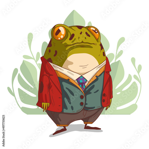 A chubby frog, vector illustration. Elegant anthropomorphic bullfrog against monstera leafage. Cartoon illustration of a serious trendy dressed humanized toad. An animal character with a human body.