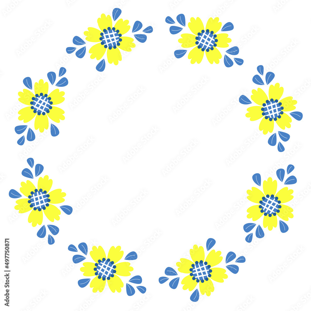 Round frame with blooming yellow flowers chamomile. Postcard napkin in yellow and blue tones, colors of Ukrainian flag. Vector illustration. Floral pattern for decor, design, print and napkins