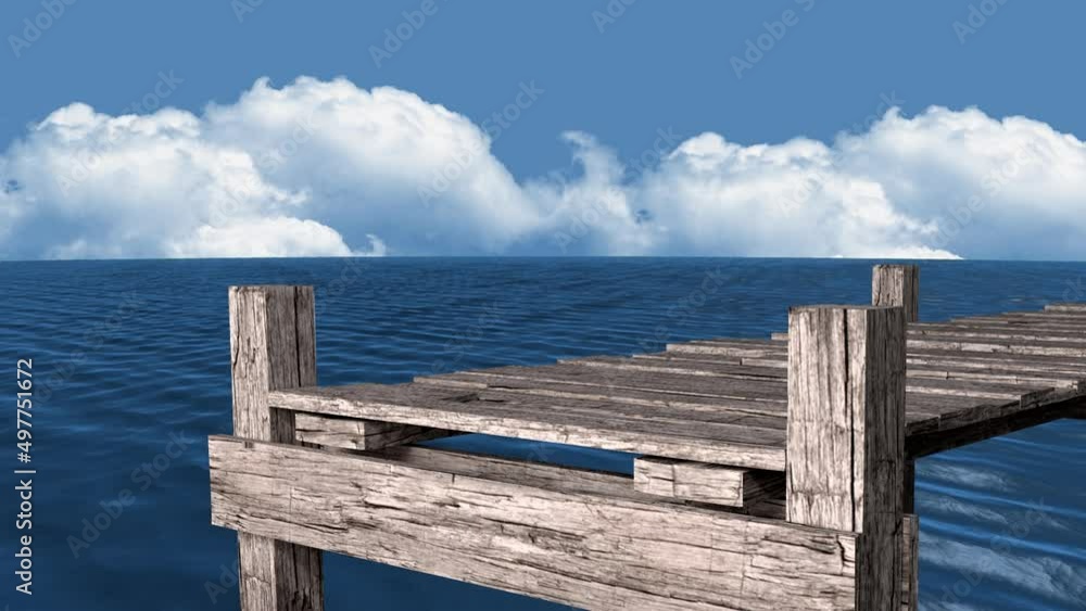 Animation of wooden hetty over sea and clouds on sky in background Animation of wooden hetty over sea and clouds on sky in background