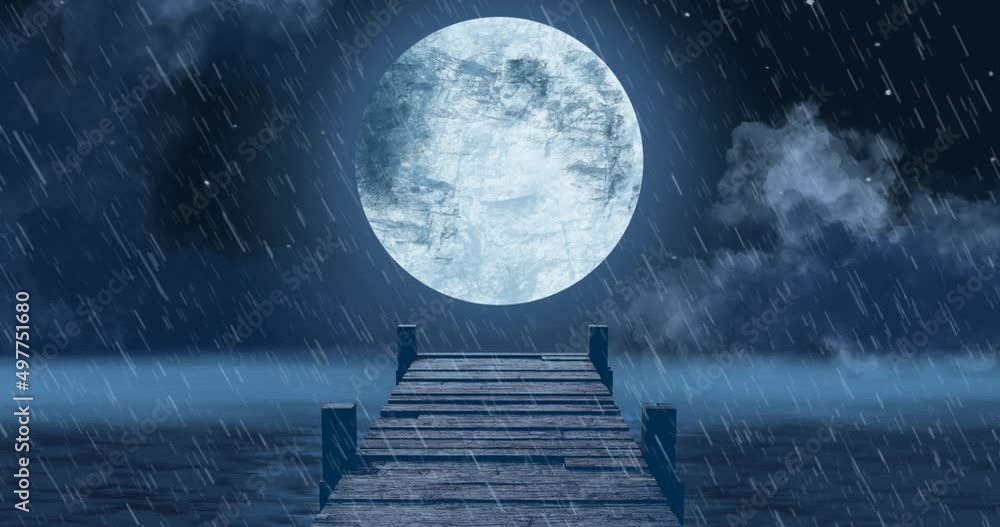 Animation of wooden jetty over sea, rain and full moon on night sky in background