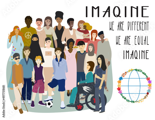 Multi ethnic group of people. All people equal concept. Men and women portrait. Disabled people. Boy without arm. Woman in a wheelchair. Blind man. Isolated vector illustration on white background
