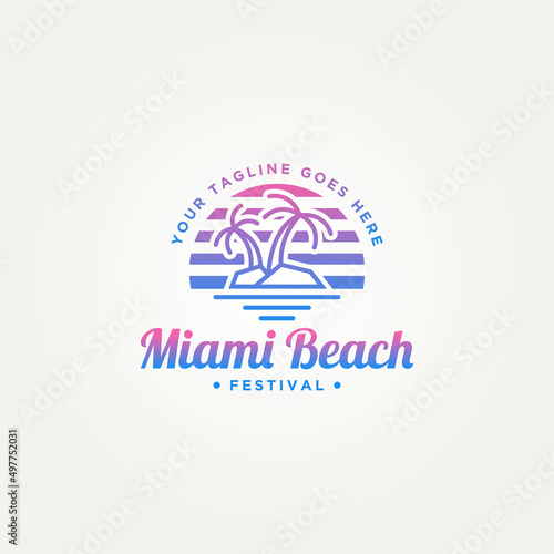 miami beach island simple line art badge logo template vector illustration design. minimalist beach island with pine tree miami retro neon style logo concept