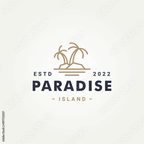 paradise island simple line art logo template vector illustration design. minimalist elegant beach island with pine tree logo concept