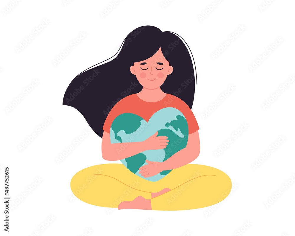 Woman hugging Earth globe. Earth Day, saving planet, nature protect, ecological awareness concept. Hand drawn vector illustration