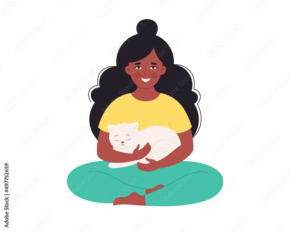 Black woman holding cat. Woman with pet. Happy pet owner. Hand drawn vector illustration