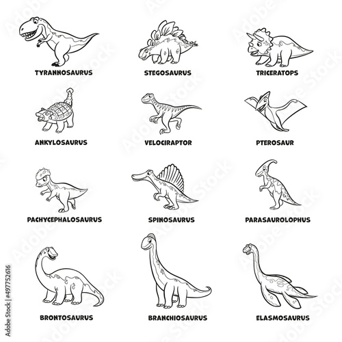 set of cute cartoon dinosaurs to coloring