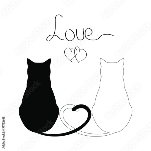 Vector silhouette of cat couple in love with shape heart tails. Greeting card illustration
