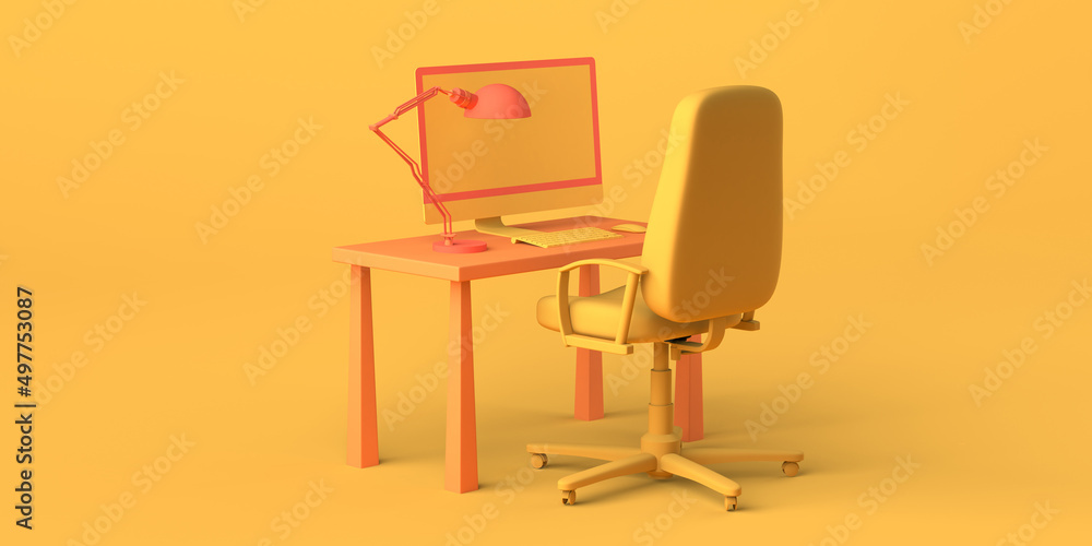 Cartoon work office with computer, chair, and coffee cup. Freelance. 3D illustration. Copy space.