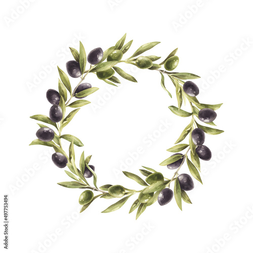 Round wreath of watercolor olive branches isolated on transparent background.
