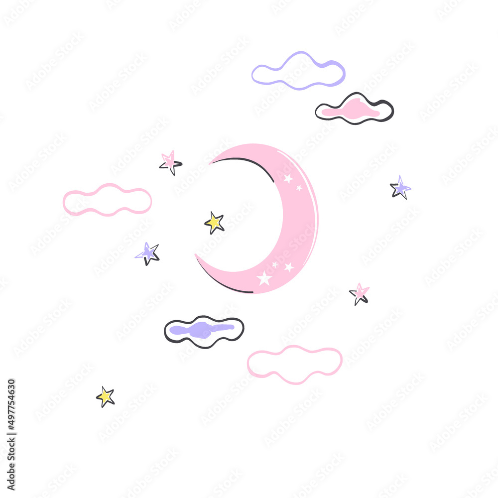 Half moon crescent in the starry cloudy night sky doodle vector illustration isolated on white. Childish sweet dreams felt pen hand drawn print for nursery or bed linen.