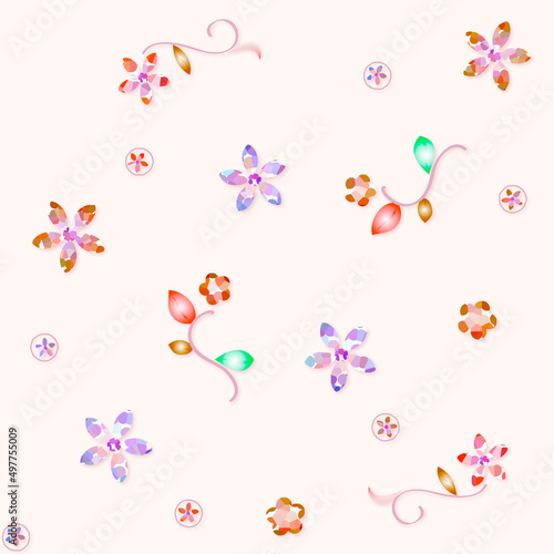 クリスタル風、花と植物モチーフのシームレスパターン素材
