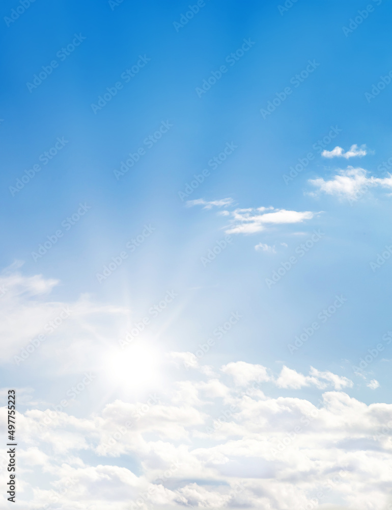 Light fluffy clouds with sun on the sky soft focus. Heavenly clouds background in summer day. Concept of freedom, relaxation, ecology. Copy space. Empty space..