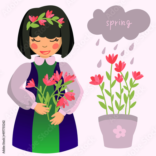 Pretty girl with spring flowers