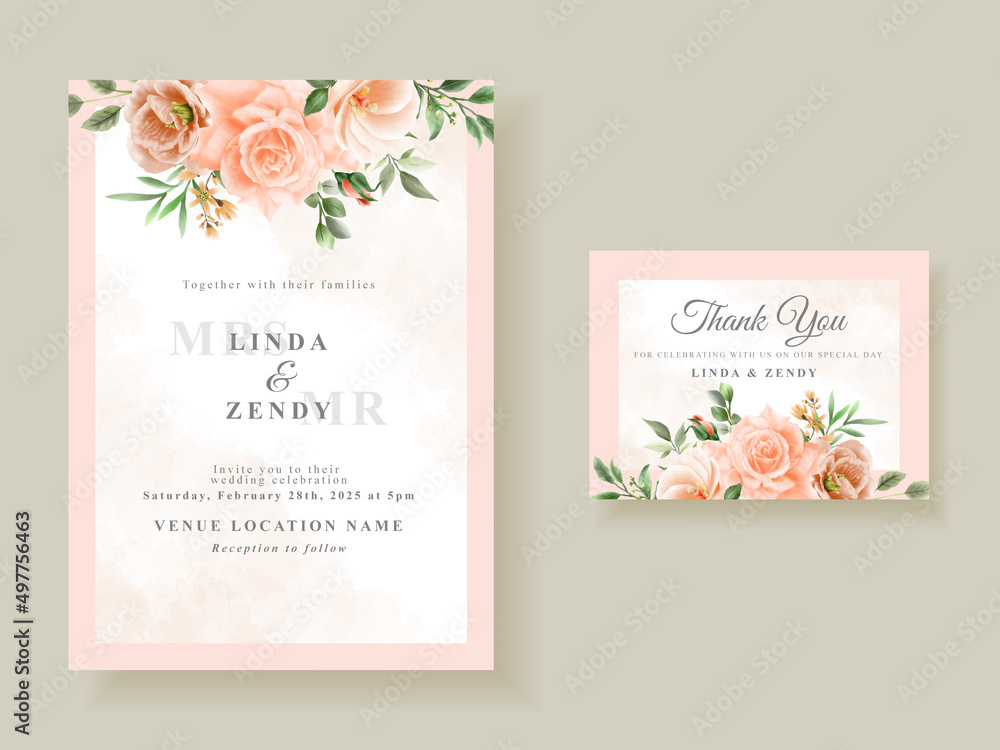 Beautiful flowers and leaves wedding invitation card template