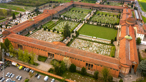 Aerial view of the cemetery of San Cataldo, in Modena, Italy. The historic cemetery is made up of a large quadriporticus with a rectangular base with long corridors and Doric columns. photo